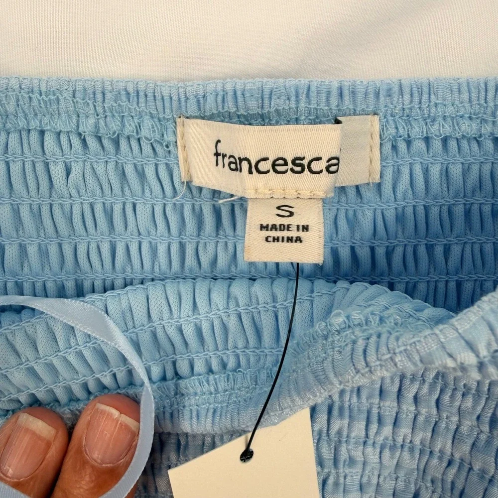 Francescas Light Blue Smocked Peplum Top Square Neck Puff Sleeve Striped S NEW